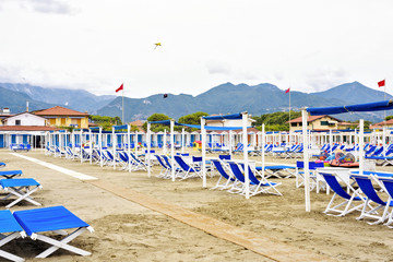 Daylight view to vibrant blue sunchairs and sunshades on beach.