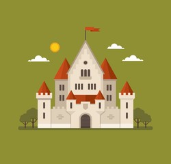 Flat castle illustration on green background.