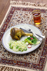 iranian persian cuisine, braised lamb shank, baghali polo,sabzi khordan