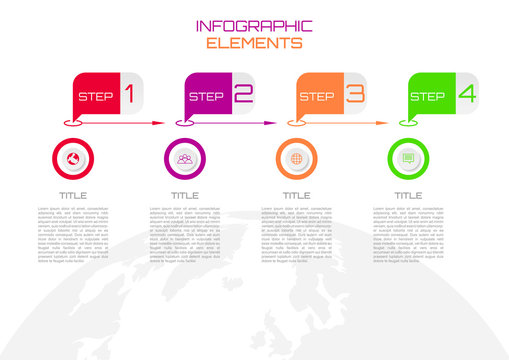 Step infographic with multicolor round icons and template on world map background some Elements of this image furnished by NASA