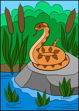 Cartoon animals. Cute viper stands on the stone.