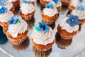 muffins with whipped cream and frosting on a silver table in stainless steel