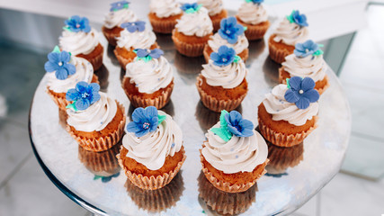 Cupcakes with whipped cream and frosting on a silver table in stainless steel