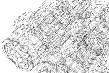 Gearbox sketch. 3d illustration