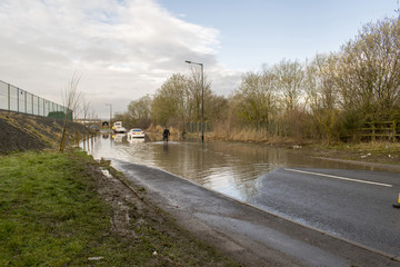 Car Stuck In Water On Dearne Road After River Dearne Flooded On April 3rd 2018 Wath Upon Dearne, Rotherham, South Yorkshire, England
