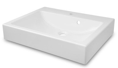 White rectangular modern washbasin in the bathroom of an artificial stone