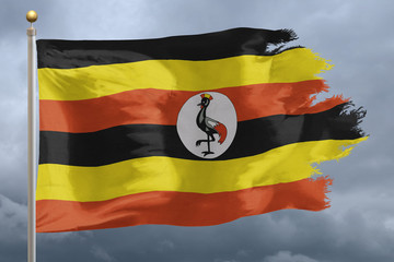 Uganda Flag with torn edges in front of a stormy sky