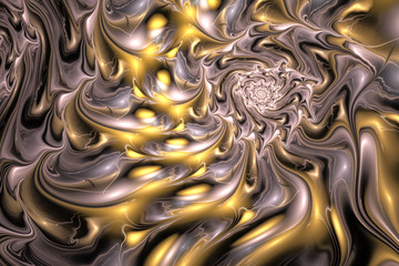 Abstract intricate beige and golden swirly texture. Fantasy fractal background. Digital art. 3D rendering.