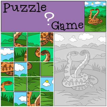 Education game: Puzzle. Two vipers smile.