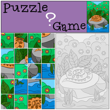 Education game: Puzzle. Little cute viper on the stone.