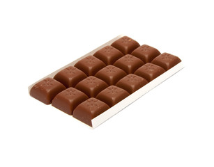 Tasty chocolate in squares on the white