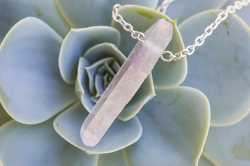 Natural shape of crystal quartz stone pendant on houseleek background