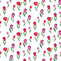 Garden tulips flowers seamless pattern. Botanical illustration in hand drawn style.Vector floral design for cosmetics, perfume products, textile prints, wedding cards.