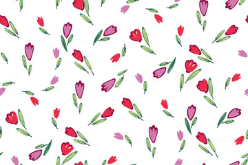 Garden tulips flowers seamless pattern. Botanical illustration in hand drawn style.Vector floral design for cosmetics, perfume products, textile prints, wedding cards.