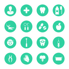 White dental Flat Icons Set on green circles. Vector Illustration for Dentistry and Orthodontics.