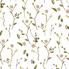 Floral design seamless pattern on white background. Summer wild flowers, leaves  and plant hand drawn on white background. Vector illustration for textile, wrapping, fabric prints, scrapbooking..