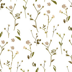 Floral design seamless pattern on white background. Summer wild flowers, leaves  and plant hand drawn on white background. Vector illustration for textile, wrapping, fabric prints, scrapbooking..