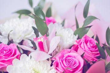 beautiful bouquet of bright rose flowers, on white background