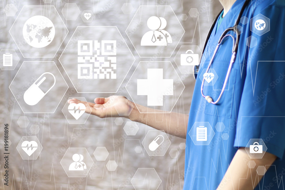 Poster doctor pushing button qr code virtual healthcare network on virtual panel.