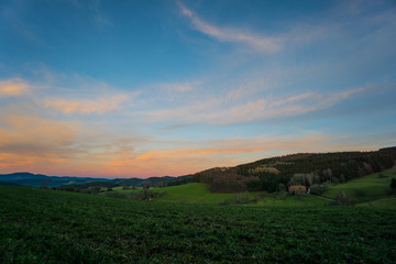 Fototapeta premium Germany, Remote nature landscape in the middle of the black forest after sunset