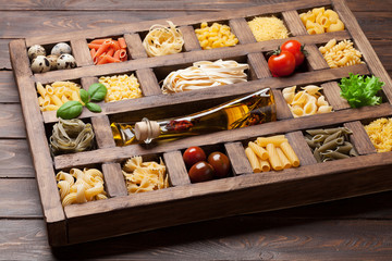 Various pasta in wooden box
