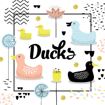 Childish Design with Cute Ducks. Baby Background with Birds and Abstract Elements for Decoration, Invitation, Cover. Vector illustration