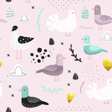 Seamless Pattern with Cute Doves. Creative Hand Drawn Childish Bird Pigeon Background for Fabric, Wallpaper, Decoration. Vector illustration