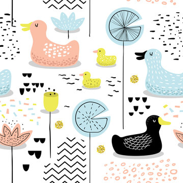 Childish Seamless Pattern with Cute Ducks. Baby Background with Birds for Decoration, Wallpaper, Fabric. Vector illustration