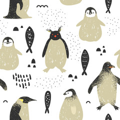 Fototapeta premium Baby Shower wzór z słodkie pingwiny. Kreatywne ręcznie rysowane dziecinne tło pingwina na tkaniny, tapety, dekoracje. Ilustracji wektorowych