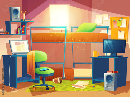 Vector Cartoon Illustration Of Small Dorm Room Dormitory