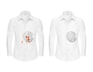 Vector set of two realistic white shirts, clean and dirty, with magnifying glass showing fabric fibers before and after washing, isolated on background. Detergent use, cleaning concept illustration