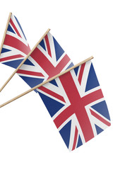 small British flags hanging, isolated on white background