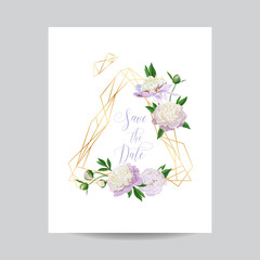 Wedding Invitation Floral Template. Save the Date Golden Frame with Place for your Text and White Peonies Flowers. Greeting Card, Poster, Banner. Vector illustration