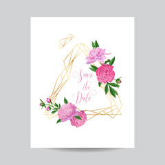 Wedding Invitation Floral Template with Pink Peonies. Save the Date Geometric Golden Frame with Flowers and Place for your Text. Greeting Card, Poster, Banner. Vector illustration