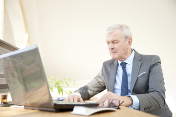 Portrait of an elderly businessman wearing suit while sitting at office desk in front of laptop. 