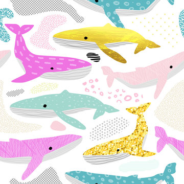 Whales Seamless Pattern. Childish Marine Background with Abstract Elements. Baby Oceanic Doodle for Fabric Textile, Wallpaper, Wrapping. Vector illustration