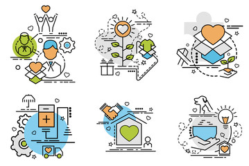 Set of outline icons of Volunteering..Colorful icons for website, mobile, app design and print.