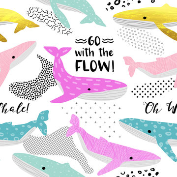 Cute Whales Seamless Pattern. Childish Marine Background with Abstract Elements. Baby Freehand Doodle for Fabric Textile, Wallpaper, Wrapping. Vector illustration