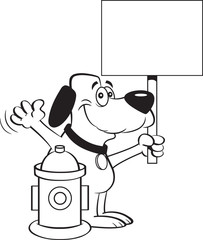Black and white illustration of a dog holding a sign next to a fire hydrant.