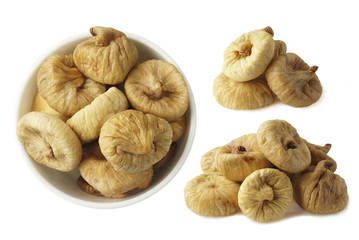 Collage of figs isolated on white background. Ripe dried fruit close-up. Set of figs. Dried figs isolated on white. Heap of dried figs on a white background