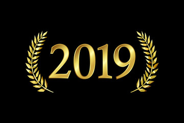 Fototapeta premium 2019 A Happy New Year, merry xmas greetings with palms framed. Luxurious isolated golden round awards sign 20, 1, 9, 19, 21 and 29 numbers. Stained glass branches template on dark black background.