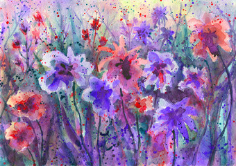 Red and violet flowers on the meadow. Watercolor artwork