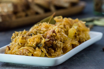 Bigos - traditional Polish Easter and Christmas dish - closeup in green bowl.