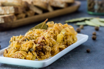 Bigos - traditional Polish Easter and Christmas dish - closeup in green bowl.