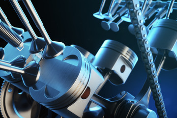 3d illustration of an internal combustion engine. Engine parts, crankshaft, pistons, fuel supply system. V6 engine pistons with crankshaft in motion. Illustration of car engine inside.
