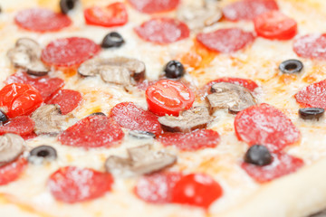 Fresh pizza pepperoni in macro