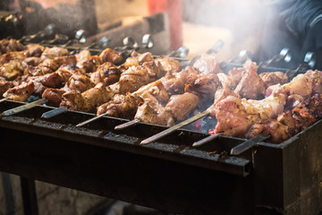 Hot food of street fast food, sausages, hot dog, fried meat