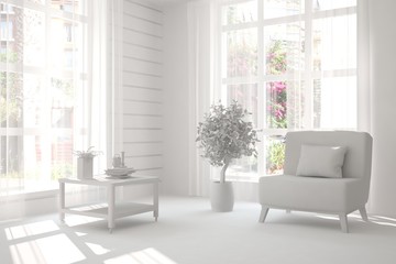 White room with armchair and green landscape in window. Scandinavian interior design. 3D illustration