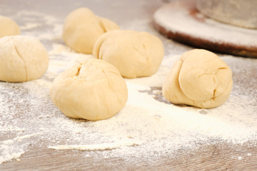 dough for tortillas, flour and hand on kitchen table. Cooking burrito.