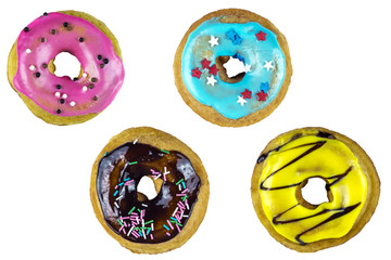 Fototapeta premium Homemade donuts with multicolored glaze top view isolated on white background